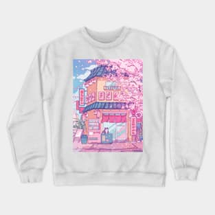 Cute cats' cafe and the pink cherry trees blossom Crewneck Sweatshirt